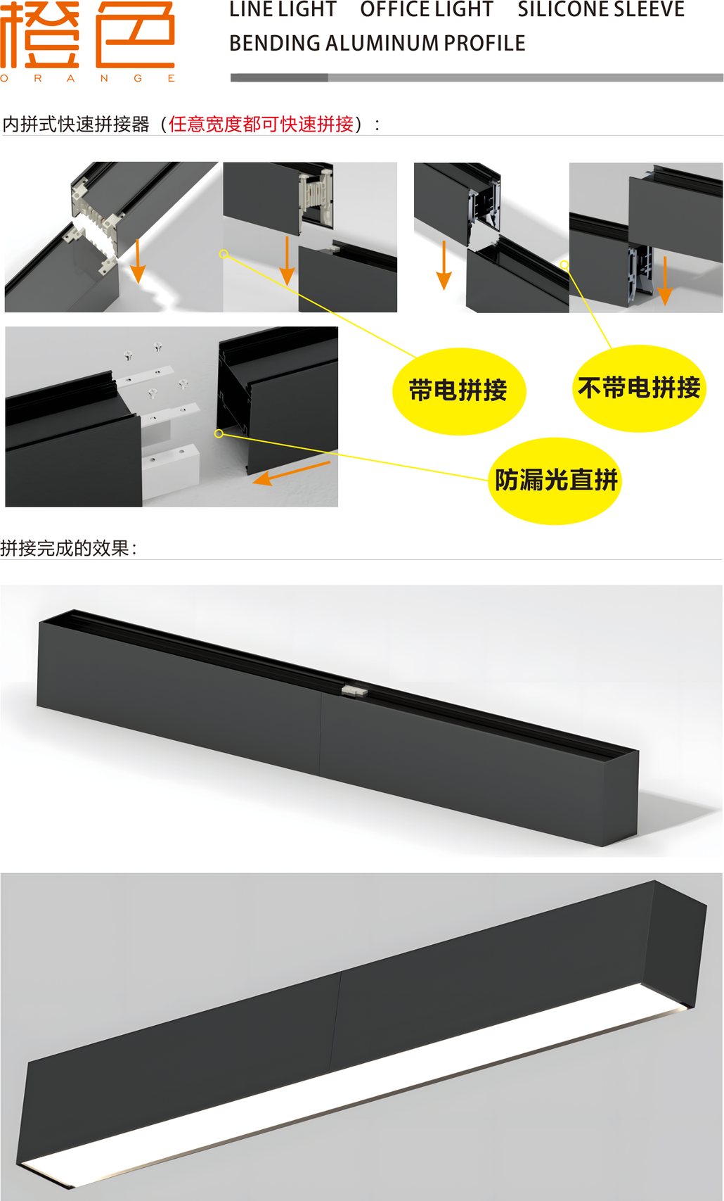 外折式免拼接堵头（带电源/不带电源）与拼接完成效果