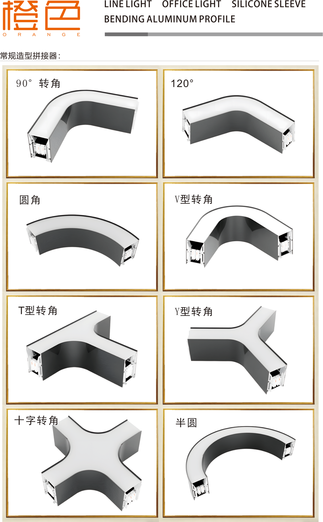折弯铝材典型造型图案——90°与120°转角、圆角、T型转角、十字转角、平面转角